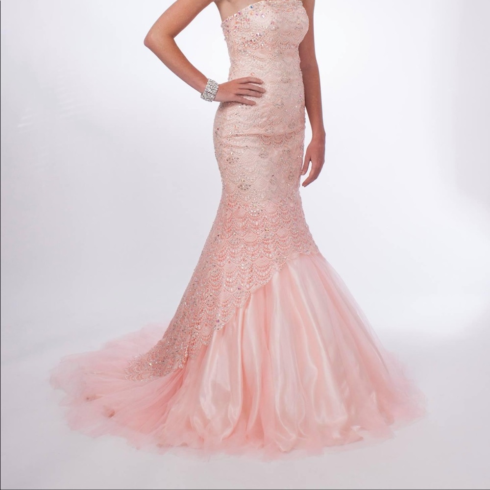 ANGELA AND ALLISON PINK LACE PROM DRESS